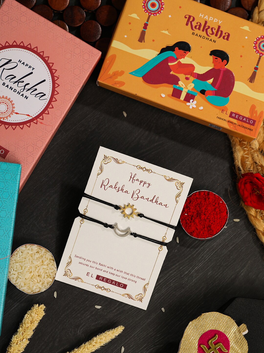 

EL REGALO Kids Set Of 2 Sun & Moon Rakhis With Roli Chawal & Greeting Card, Gold