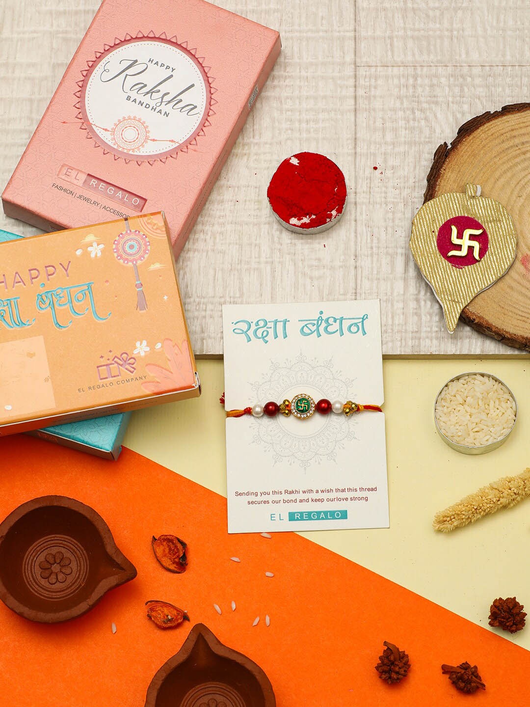 

EL REGALO Men Thread Rakhi With Roli Chawal & Greeting Card, Red