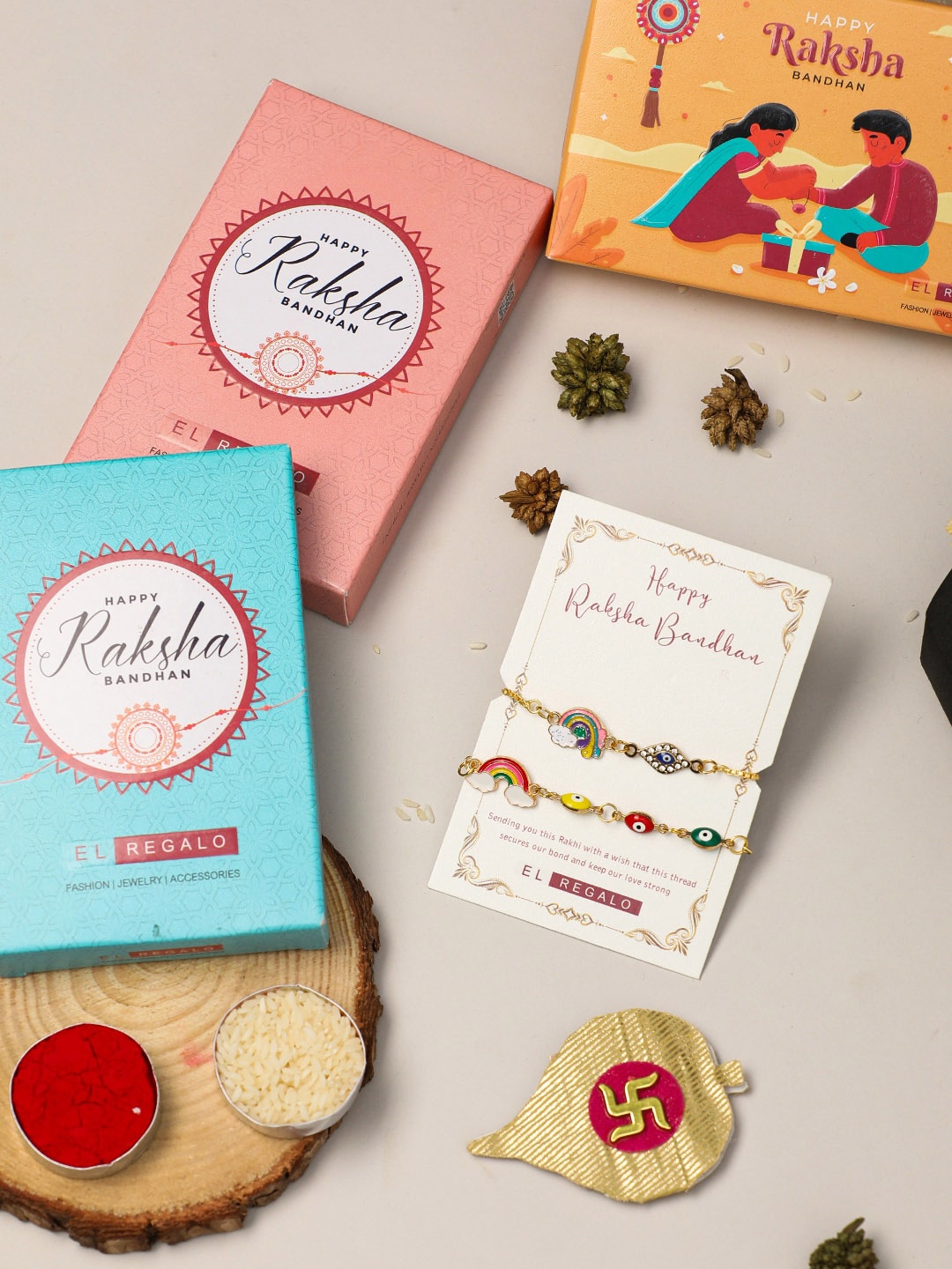 

EL REGALO Bhaiya Bhabhi Set Of 2 Evil eye Rakhi Combo With Roli Rice and Card, Gold
