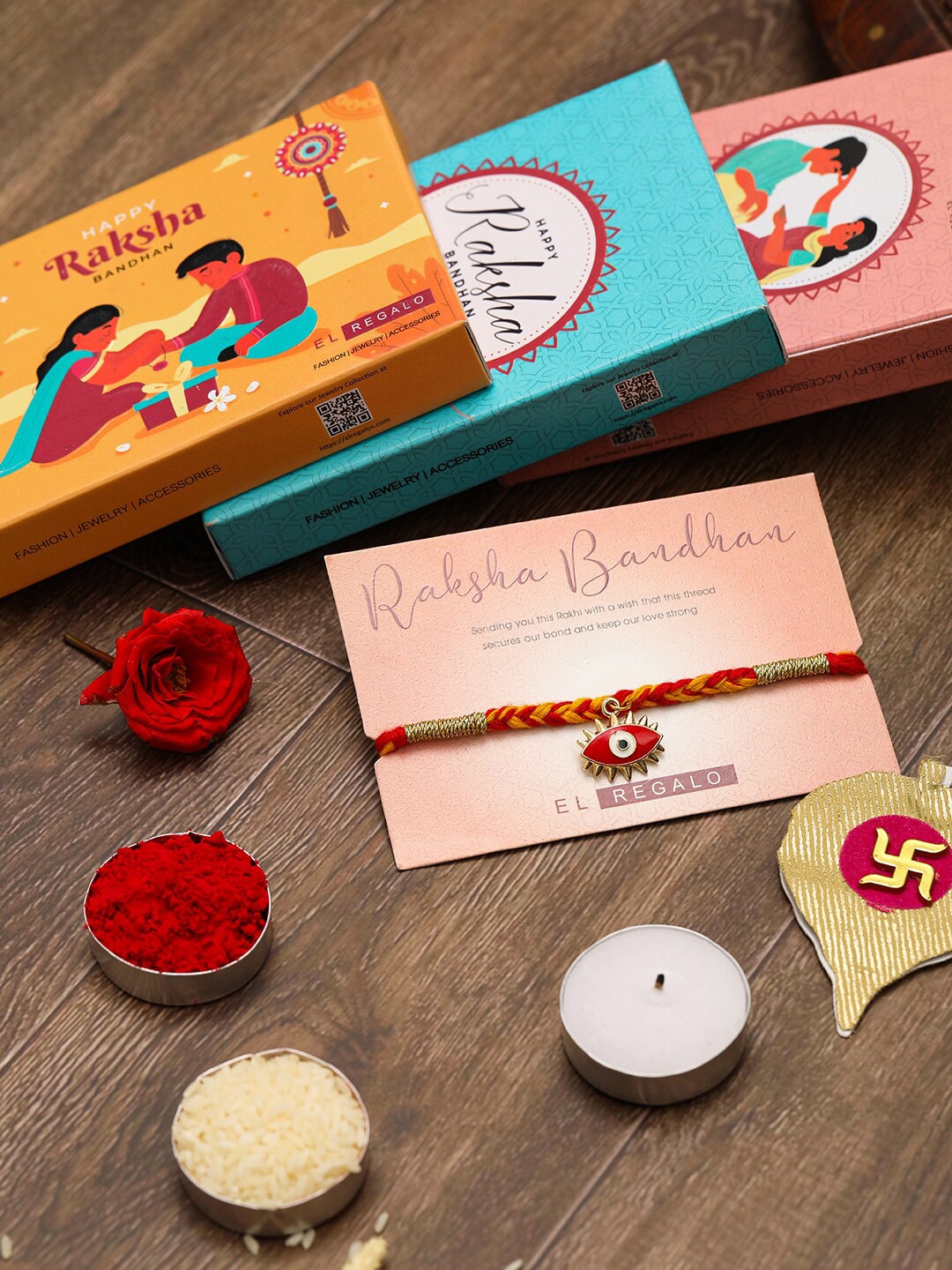 

EL REGALO Men Evil Eye Thread Rakhi With Roli Chawal & Greeting Card, Gold