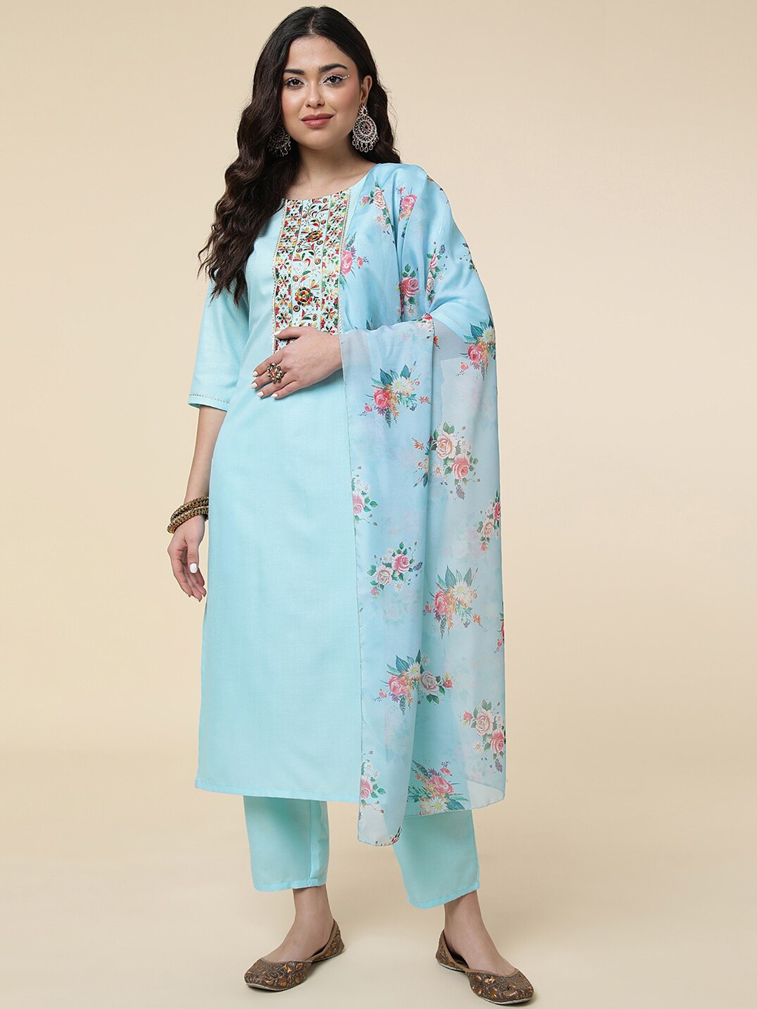 

HERE&NOW Blue Thread Work Detailed Straight Kurta & Trousers with Dupatta