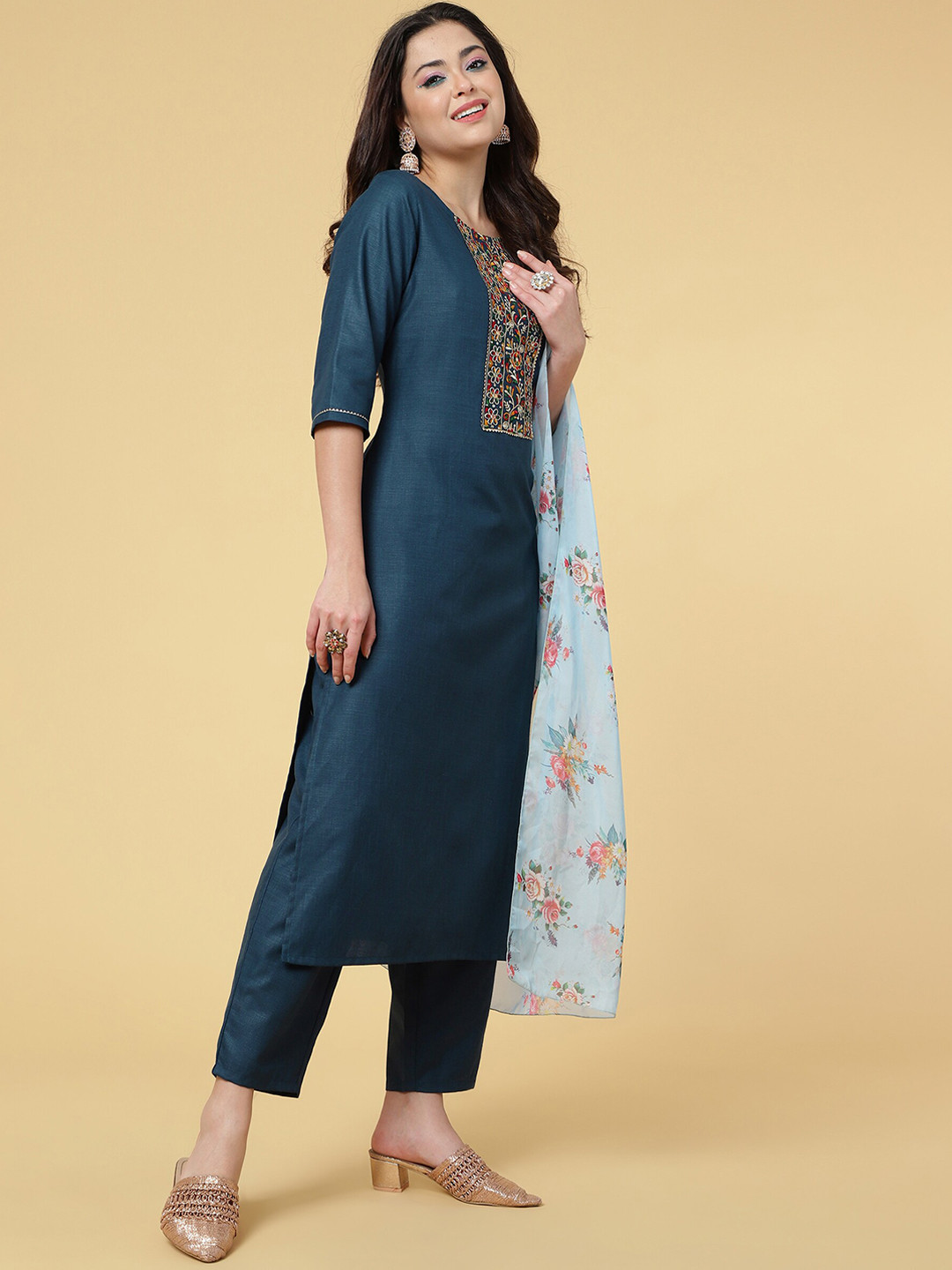 

HERE&NOW Blue Thread Work Detailed Straight Kurta & Trousers with Dupatta