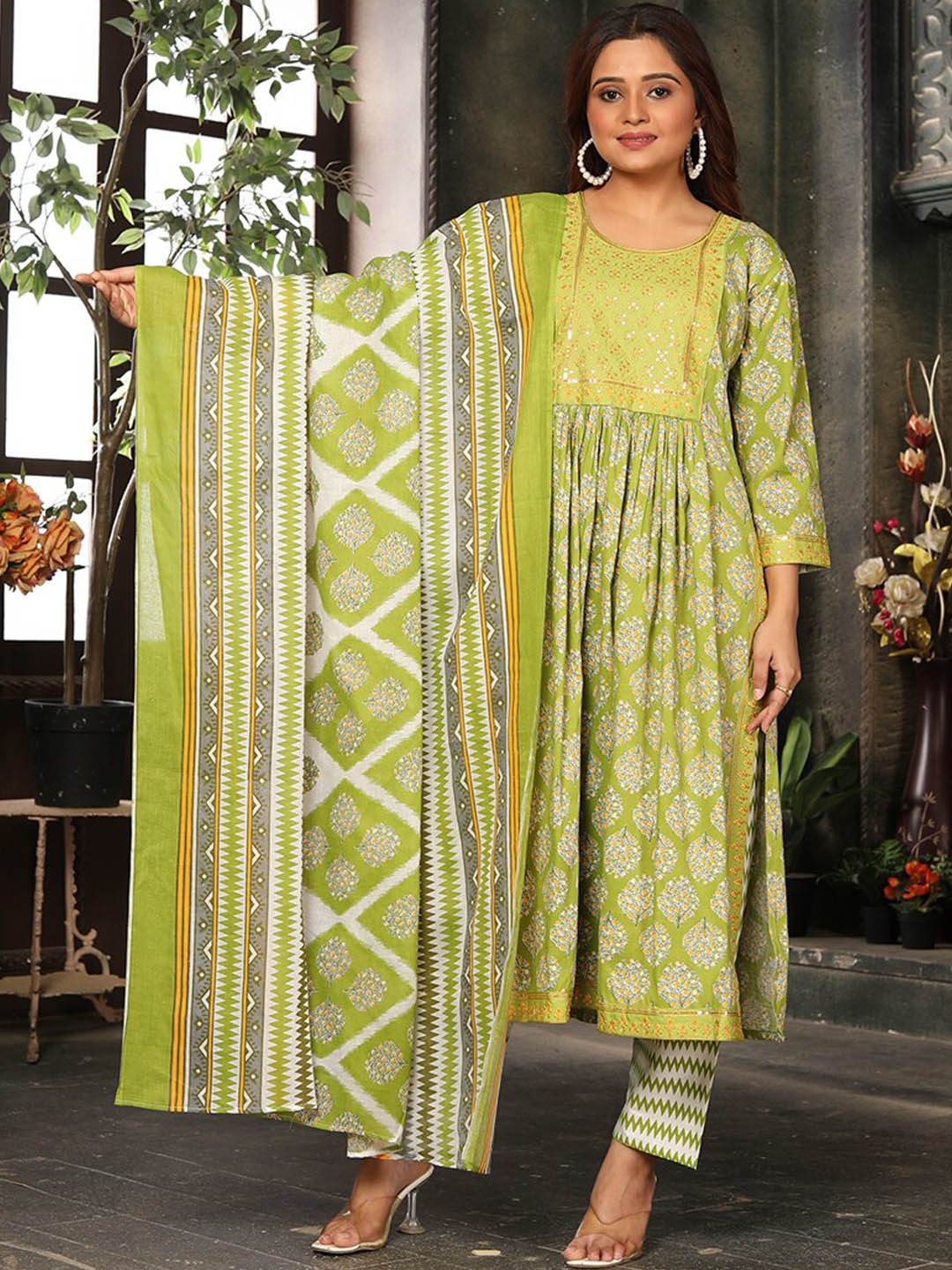 

KALINI Ethnic Motifs Printed Thread Work A-Line Kurta & Trousers with Dupatta, Green