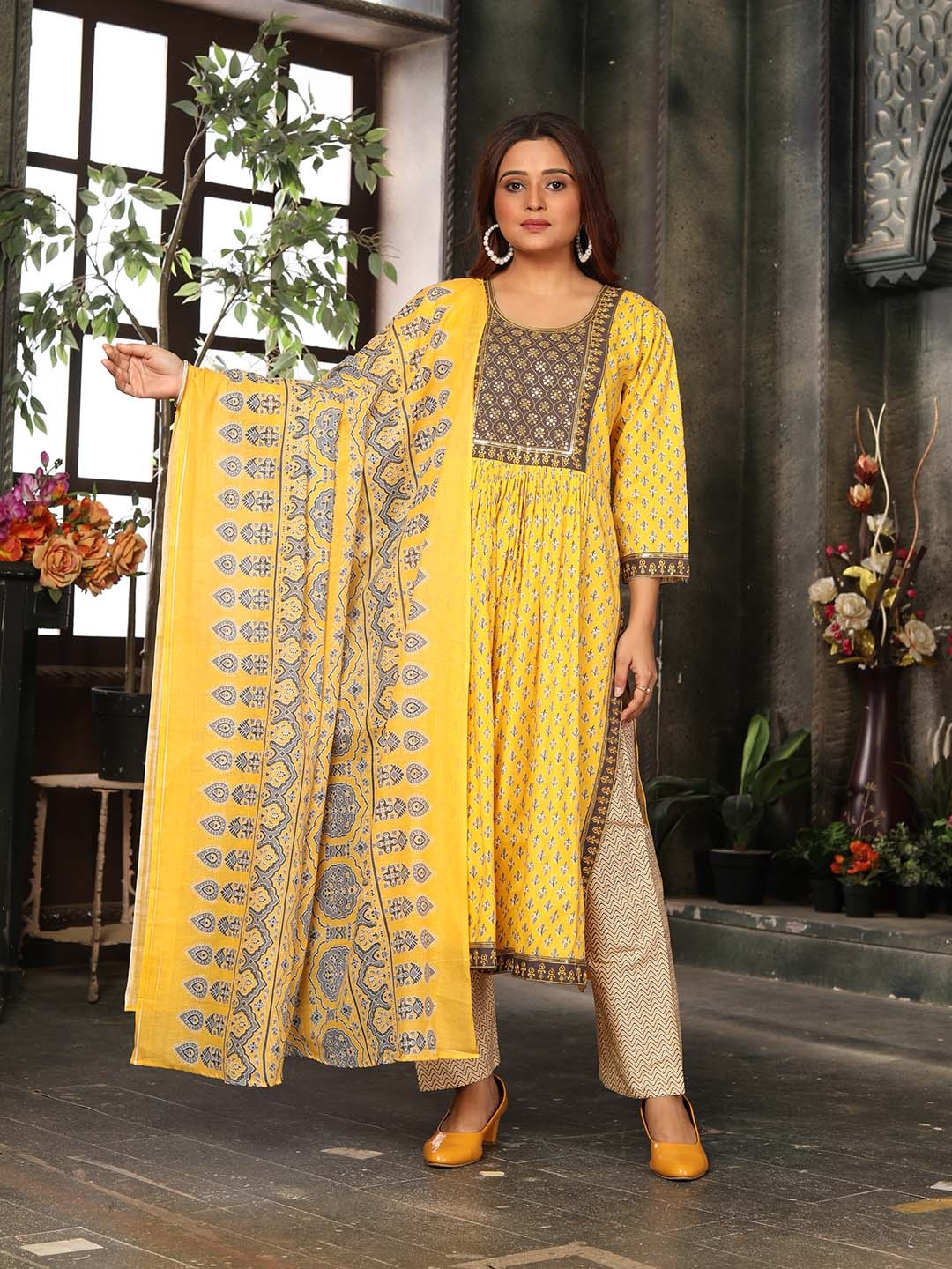 

KALINI Ethnic Motifs Printed Thread Work A-Line Kurta & Trousers with Dupatta, Yellow