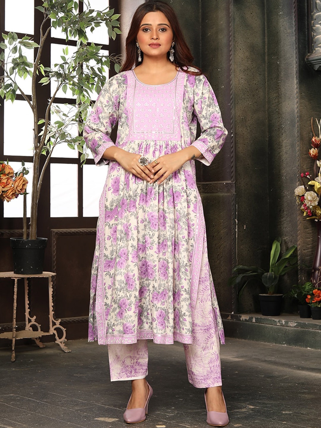 

KALINI Floral Printed Thread Work A-Line Kurta & Trousers with Dupatta, Purple