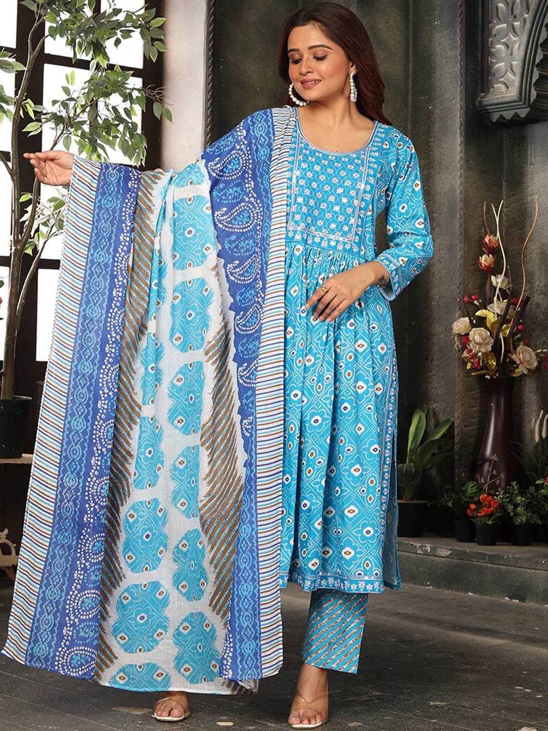 

KALINI Ethnic Motifs Printed Thread Work A-Line Kurta & Trousers with Dupatta, Blue