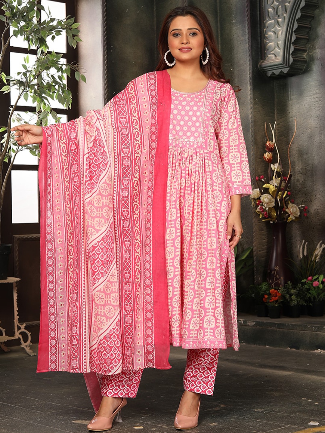 

KALINI Ethnic Motifs Printed Gotta Patti A-Line Kurta & Trousers with Dupatta, Pink