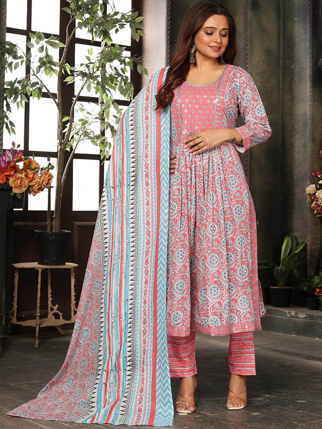 

KALINI Ethnic Motifs Printed Gotta Patti A-Line Kurta & Trousers with Dupatta, Peach