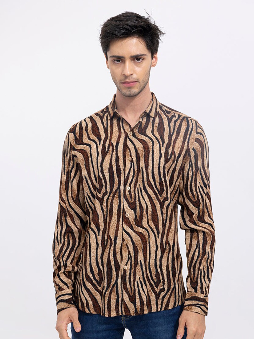 

Snitch Brown Classic Animal Skin Printed Slim Fit Casual Cotton Shirt