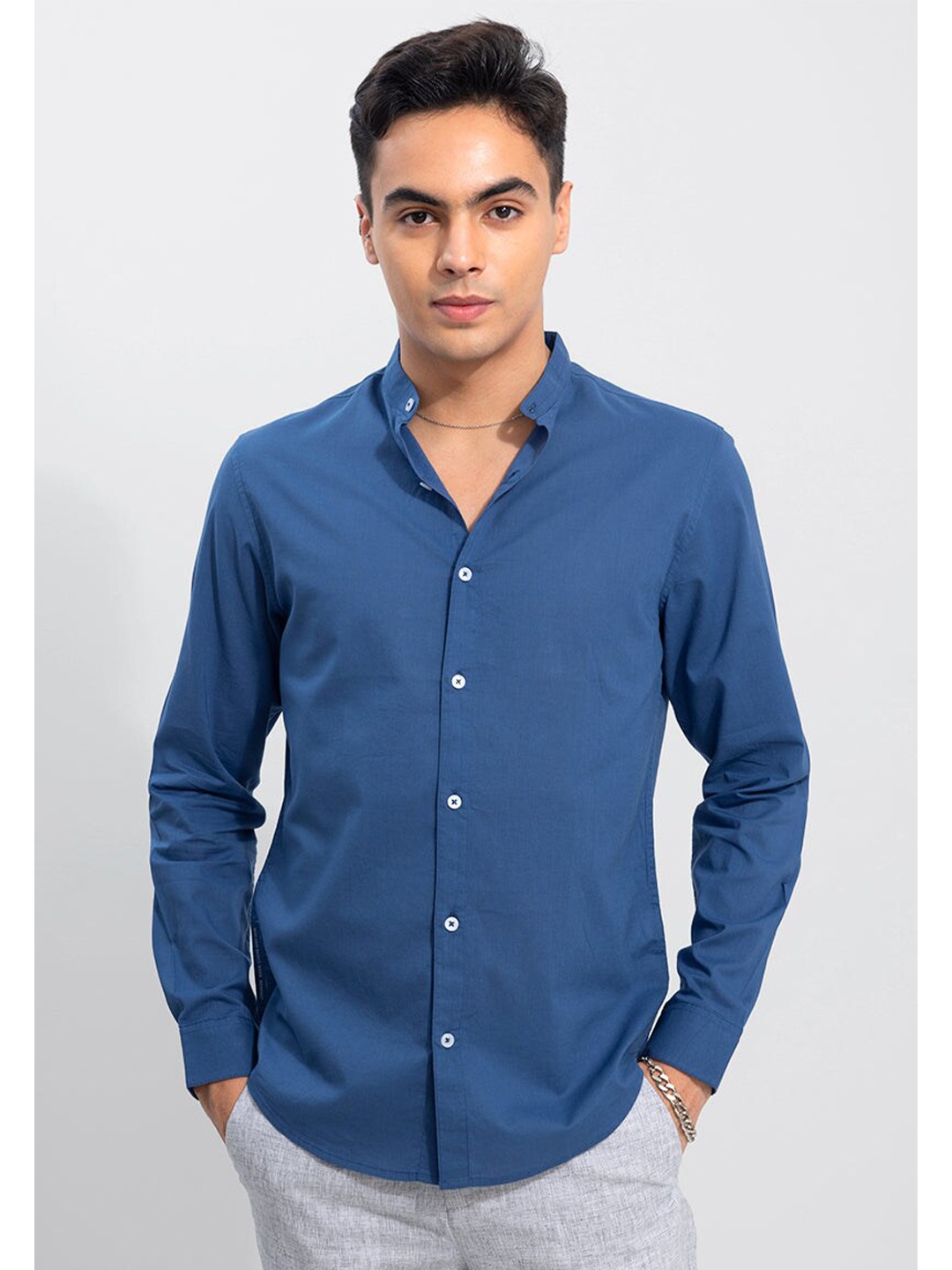 

Snitch Blue Mandarin Collar Classic Slim Fit Casual Cotton Shirt