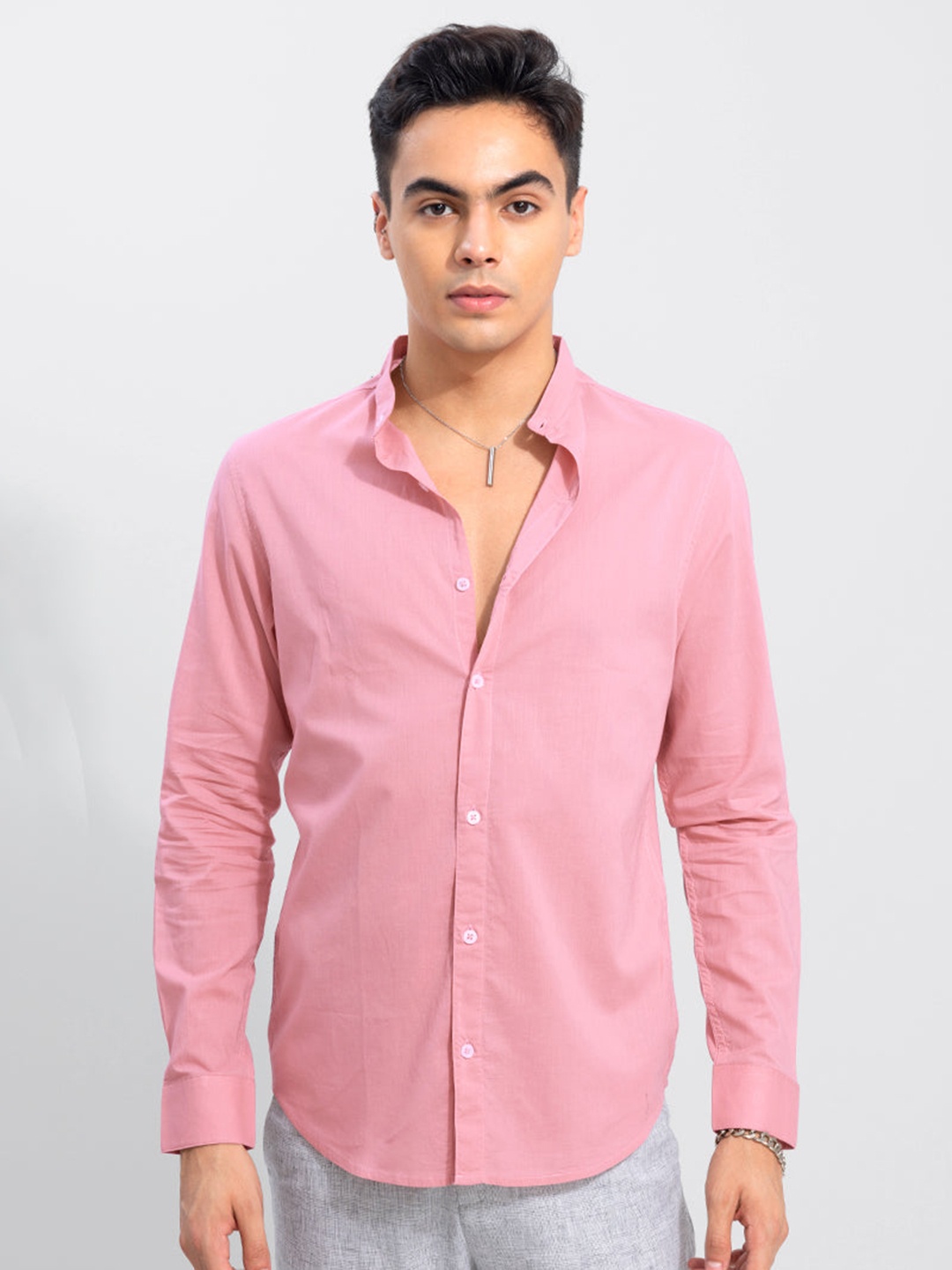 

Snitch Pink Classic Band Collar Cotton Slim Fit Casual Shirt