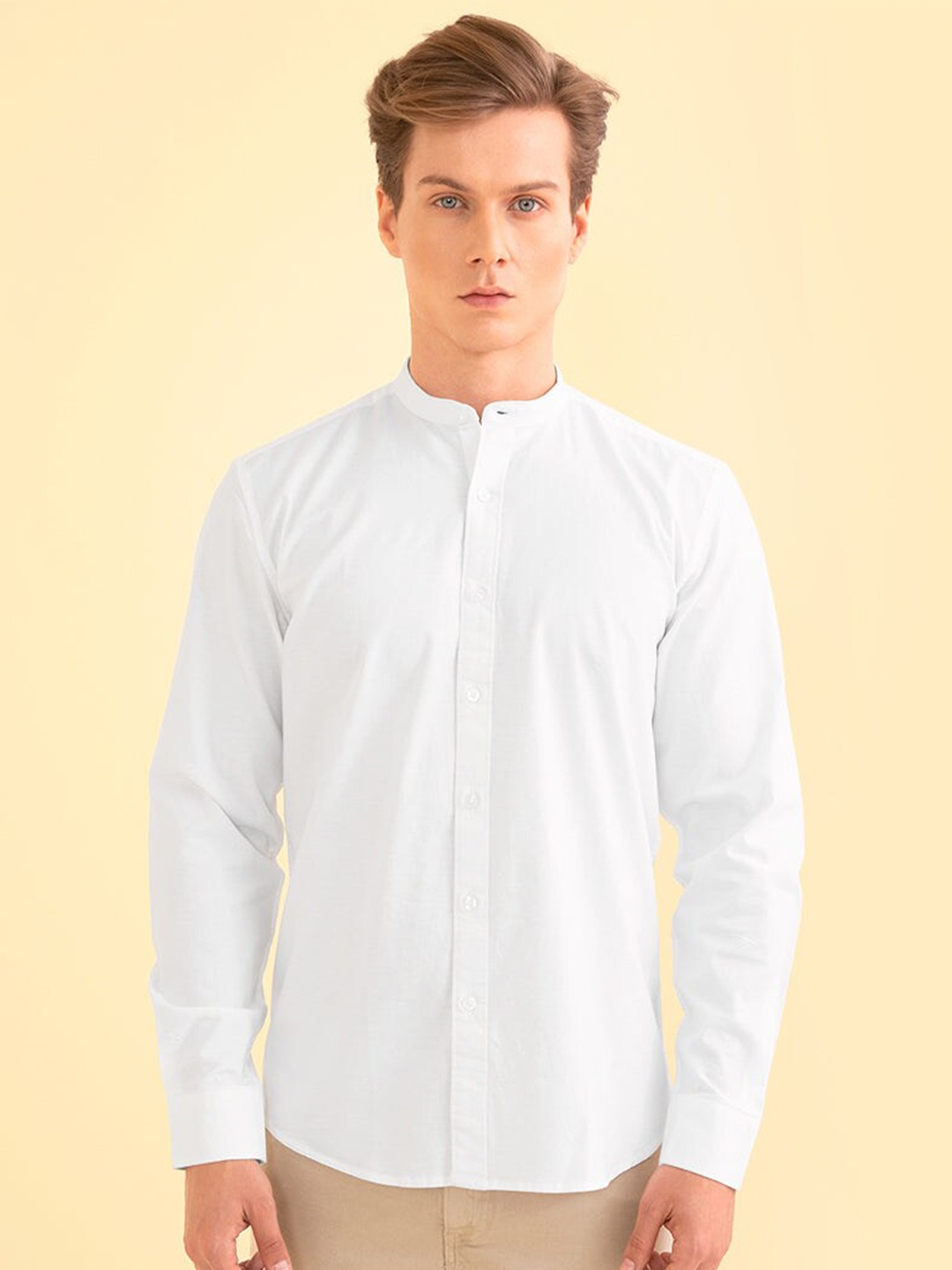 

Snitch White Classic Slim Fit Mandarin Collar Casual Cotton Shirt