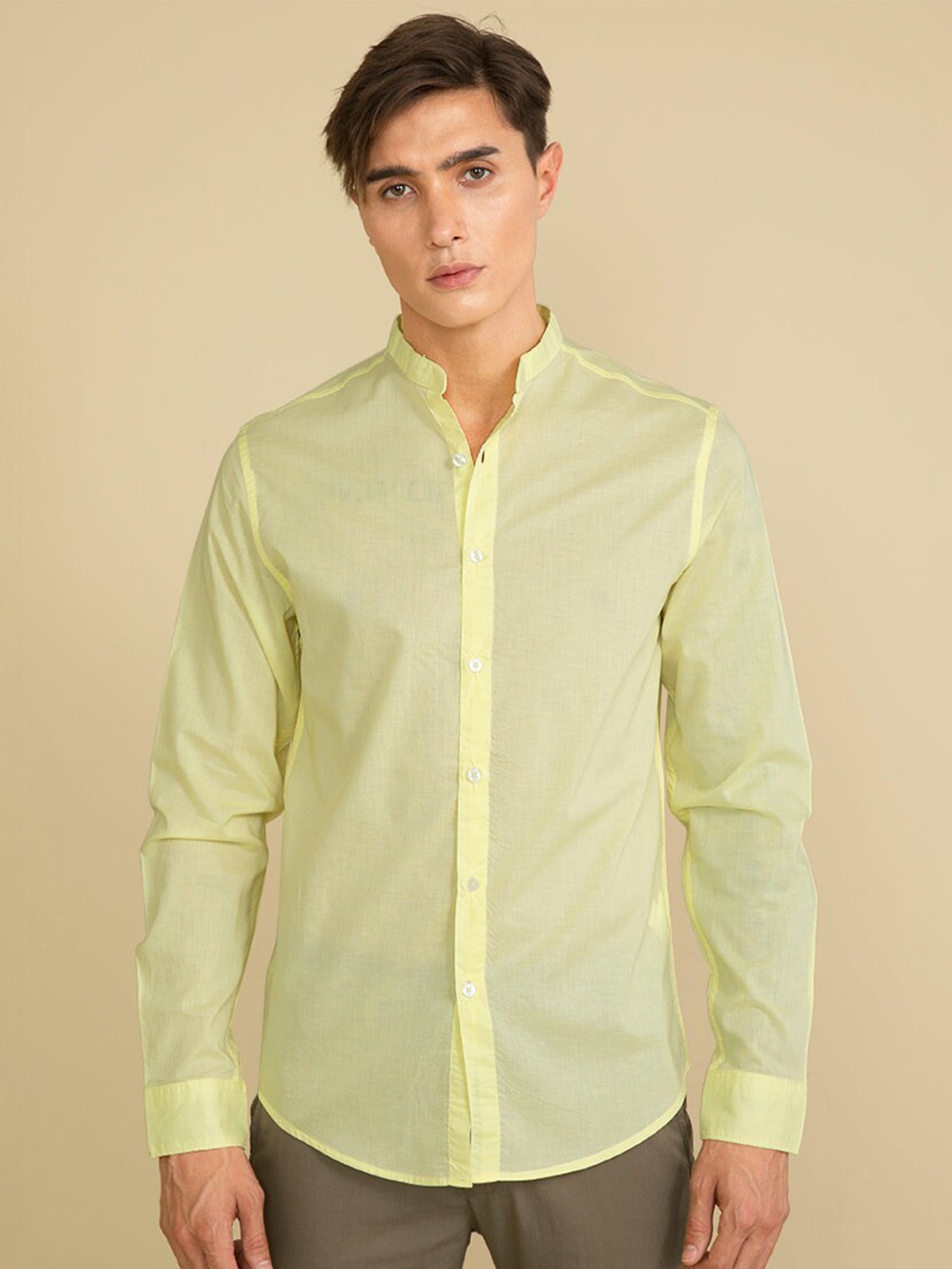 

Snitch Yellow Classic Mandarin Collar Slim Fit Casual Cotton Shirt