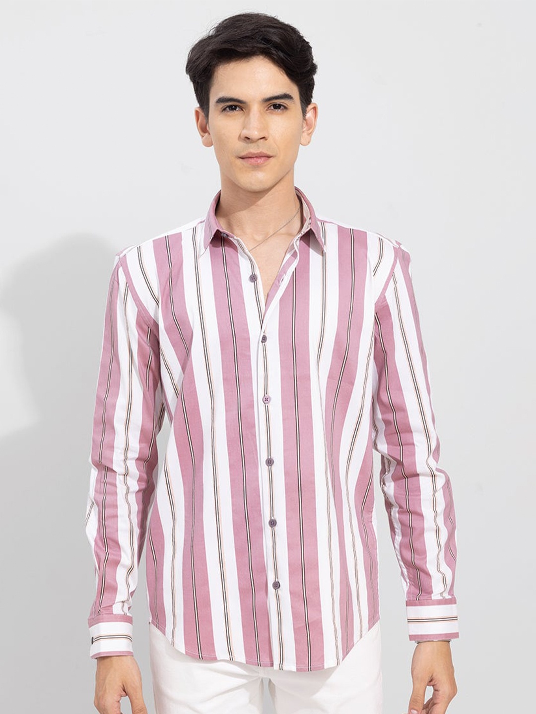 

Snitch Pink & White Classic Striped Slim Fit Casual Shirt