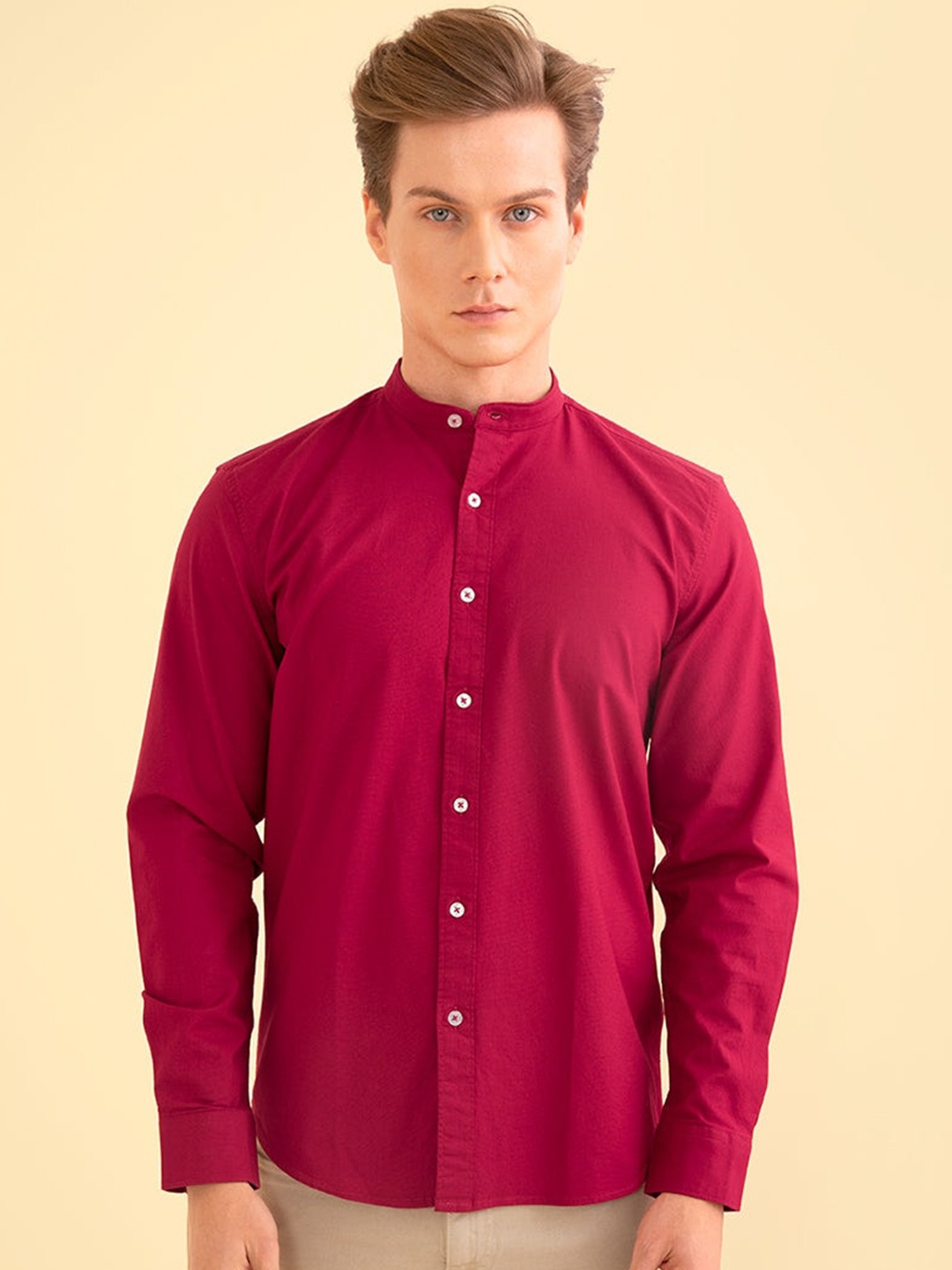 

Snitch Red Mandarin Collar Classic Slim Fit Cotton Casual Shirt