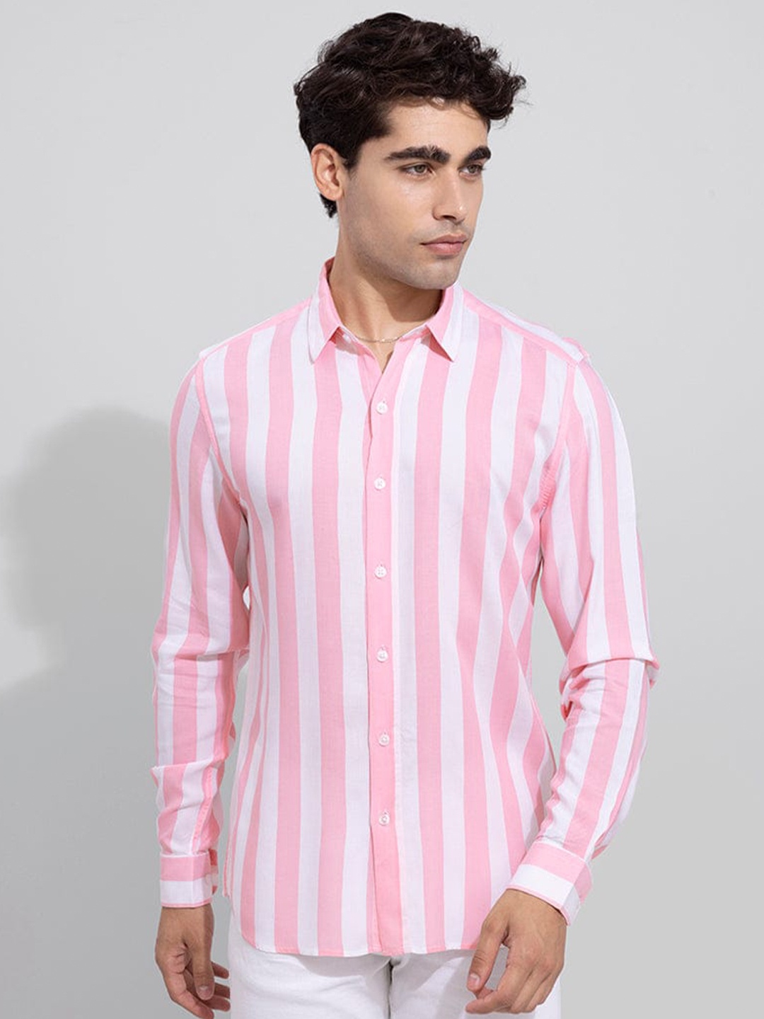 

Snitch Pink Vertical Stripes Striped Spread Collar Classic Slim Fit Casual Shirt