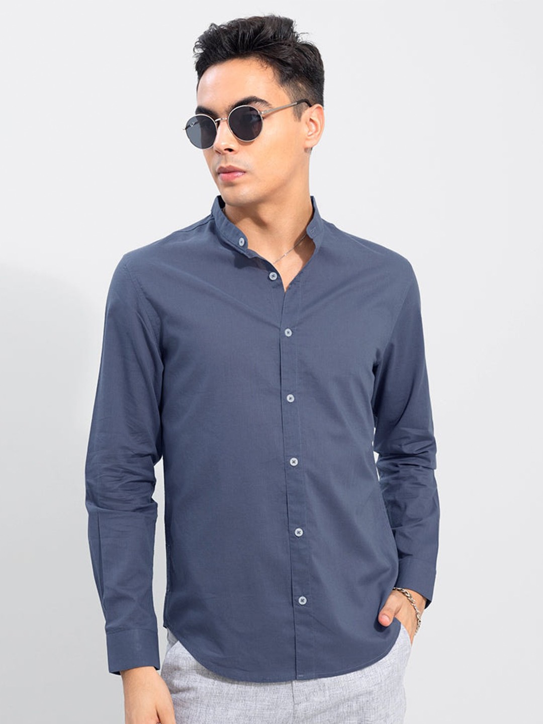 

Snitch Blue Classic Slim Fit Band Collar Opaque Cotton Casual Shirt