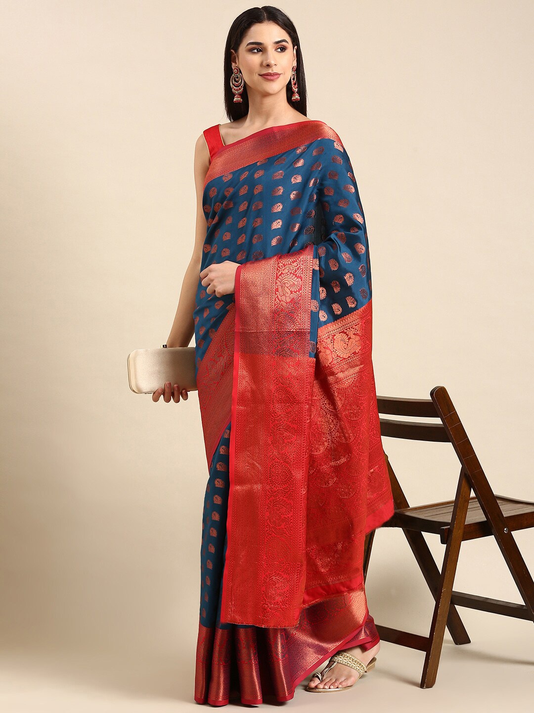 

HERE&NOW Geometric Woven Design Zari Cotton Silk Saree, Teal