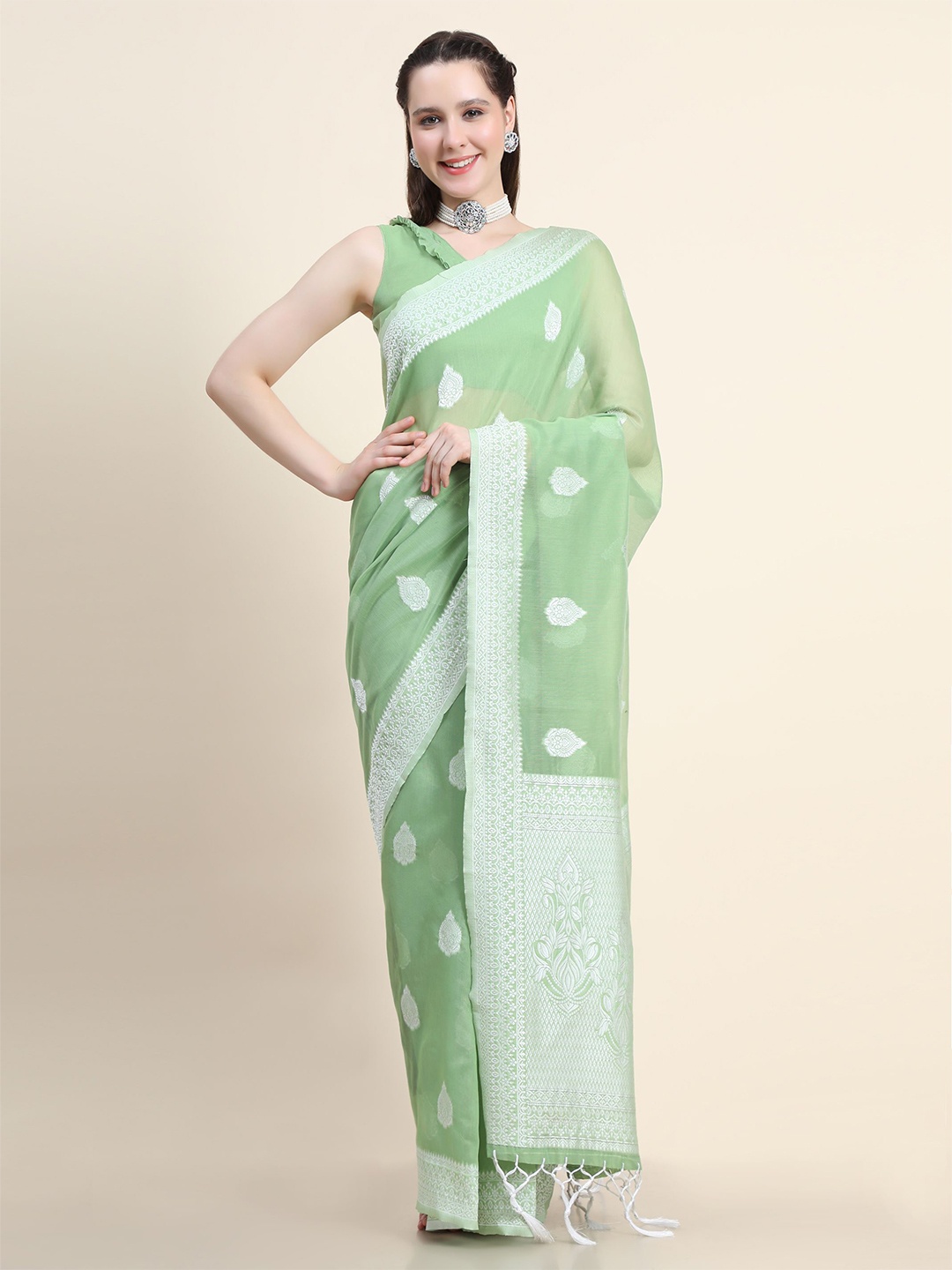 

HERE&NOW Ethnic Motifs Woven Design Cotton Silk Saree, Green