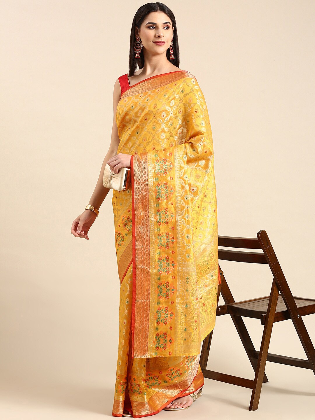 

HERE&NOW Ethnic Motifs Woven Design Zari Cotton Silk Saree, Mustard