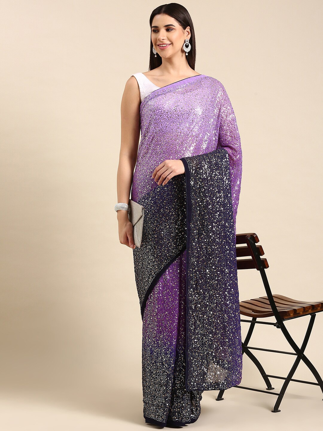 

HERE&NOW Ombre Embellished Saree, Purple