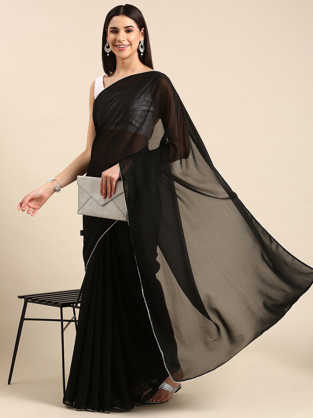 

HERE&NOW Gotta Patti Poly Georgette Saree, Black