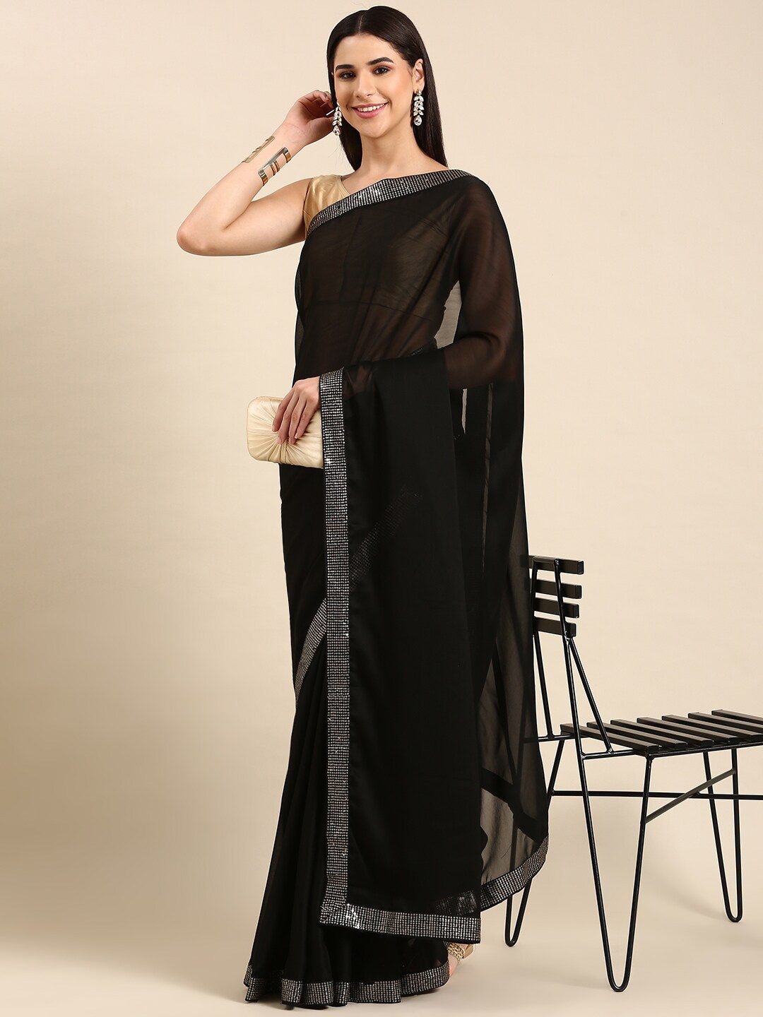 

HERE&NOW Sequinned Poly Georgette Saree, Black