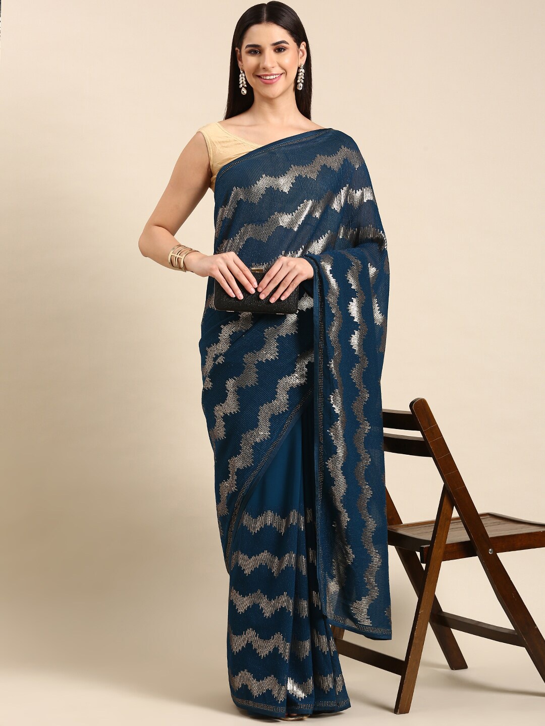 

HERE&NOW Teal Embellished Sequinned Saree