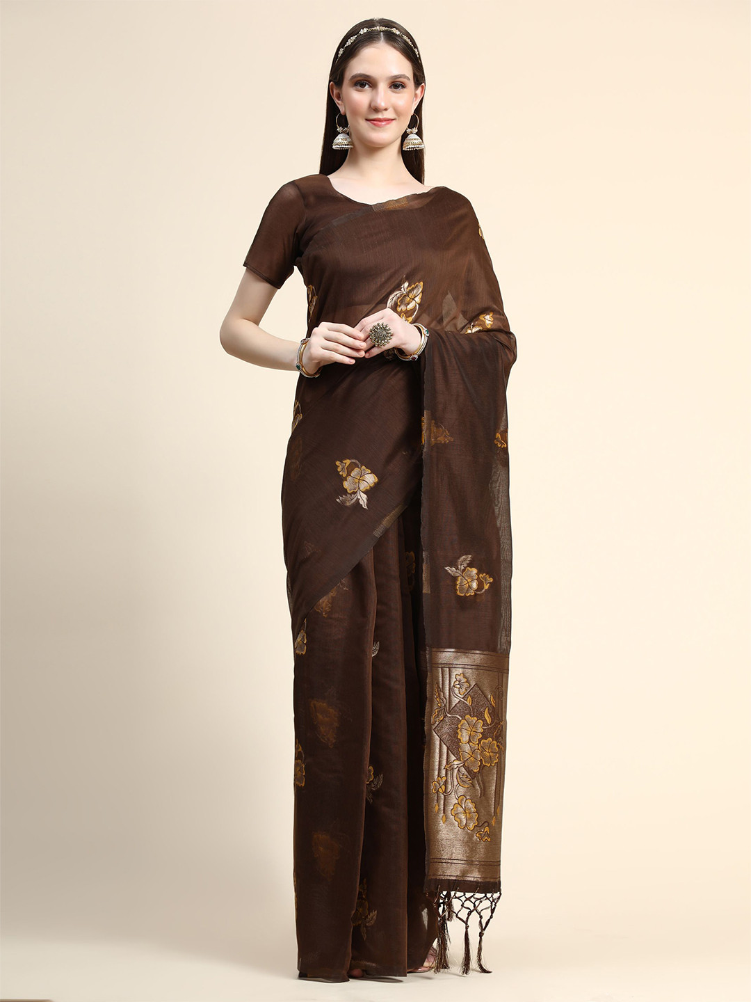 

HERE&NOW Floral Woven Design Zari Cotton Silk Saree, Brown