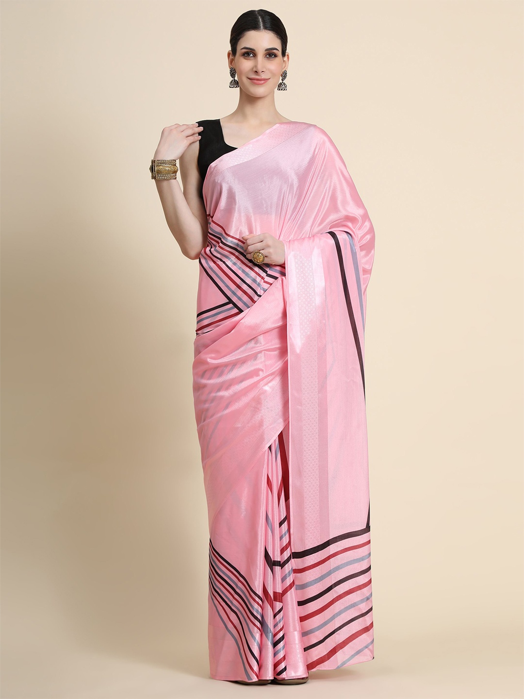 

HERE&NOW Striped Poly Chiffon Saree, Pink