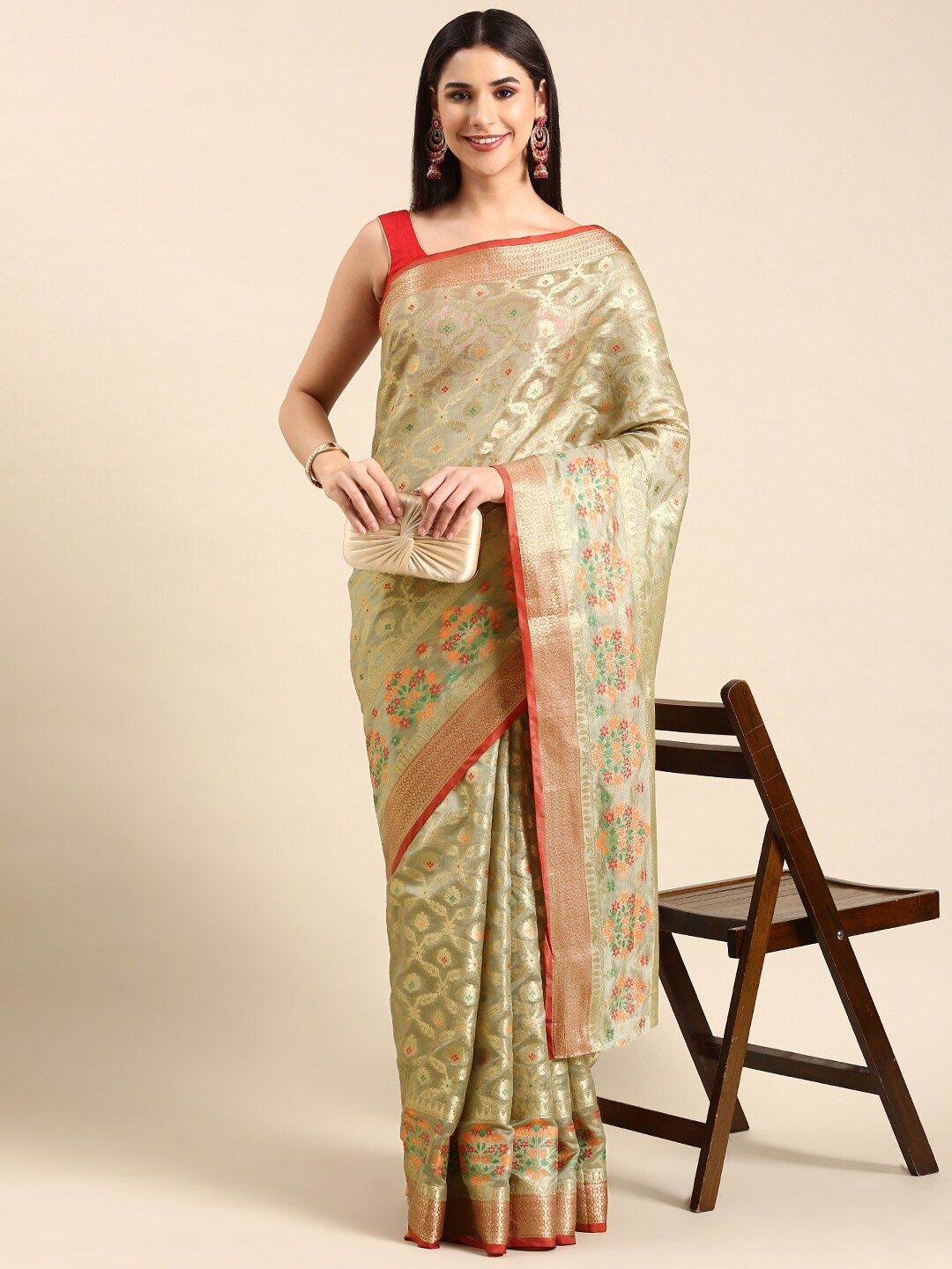 

HERE&NOW Ethnic Motifs Woven Design Zari Cotton Silk Saree, Grey