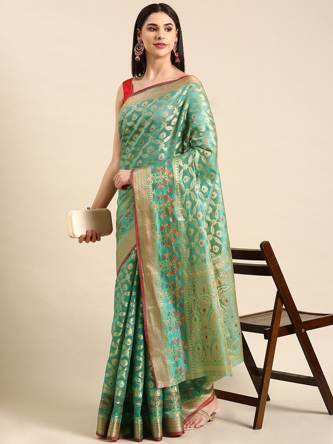 

HERE&NOW Ethnic Motifs Woven Design Zari Cotton Silk Saree, Teal