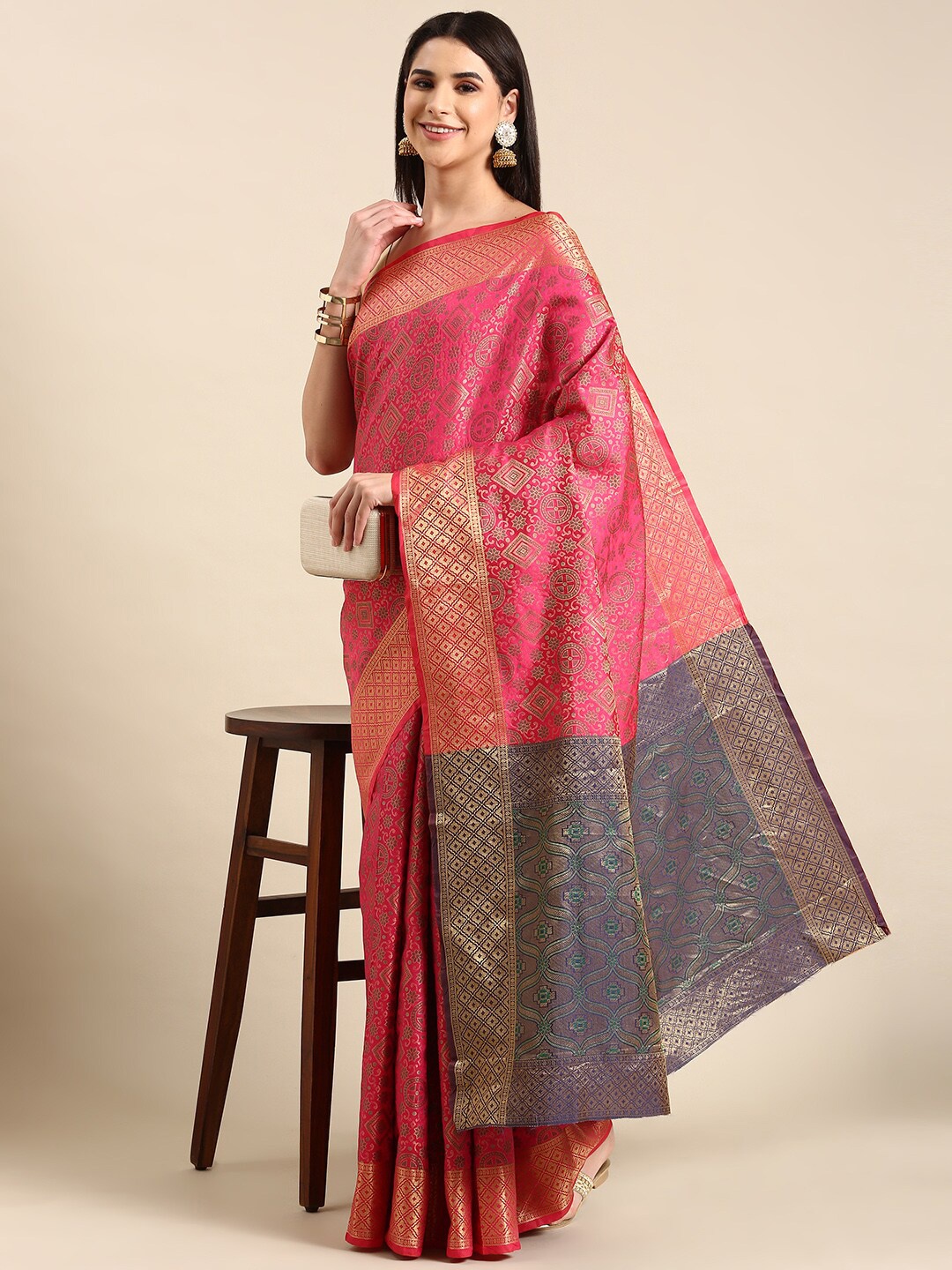 

HERE&NOW Ethnic Motifs Woven Design Zari Cotton Silk Saree, Pink