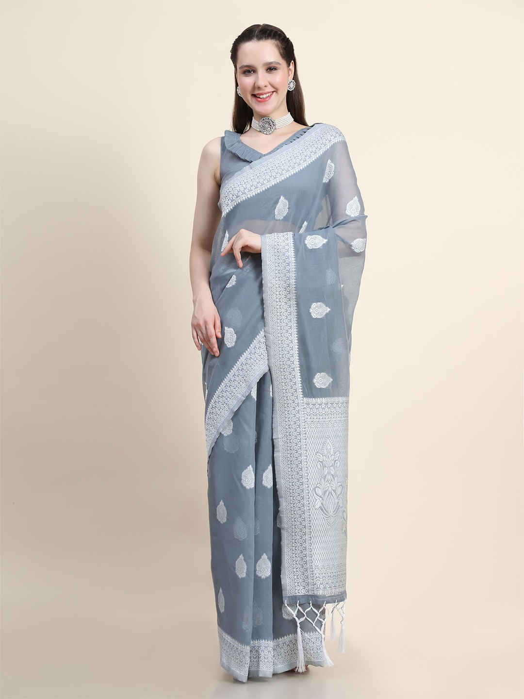 

HERE&NOW Ethnic Motifs Woven Design Zari Cotton Silk Saree, Grey