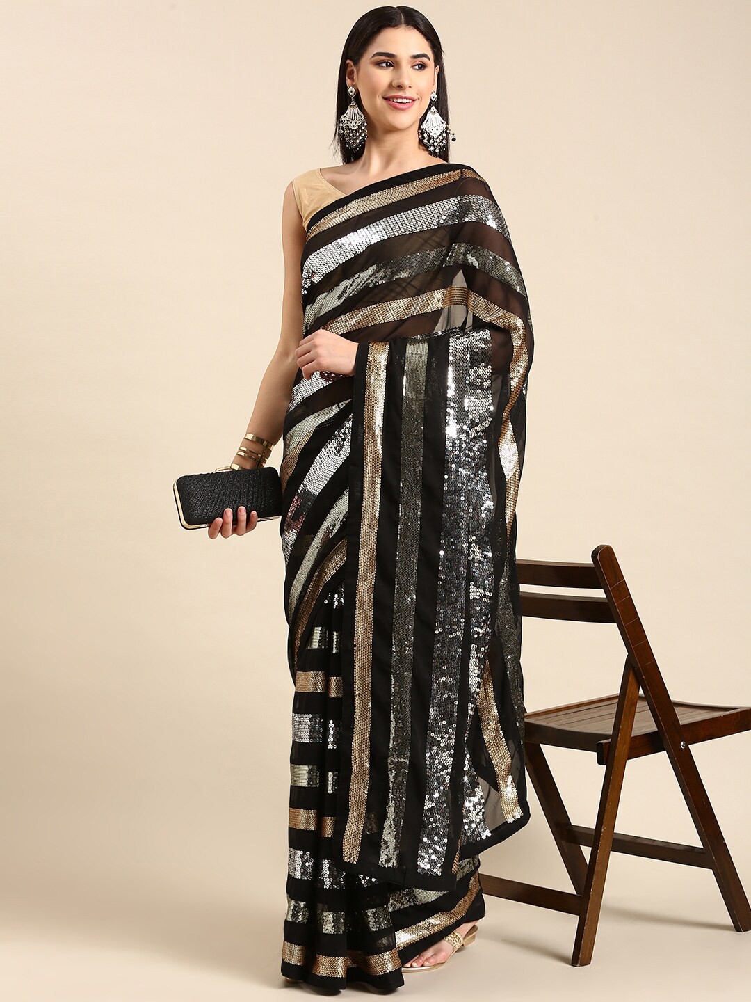 

HERE&NOW Embellished Poly Georgette Saree, Black