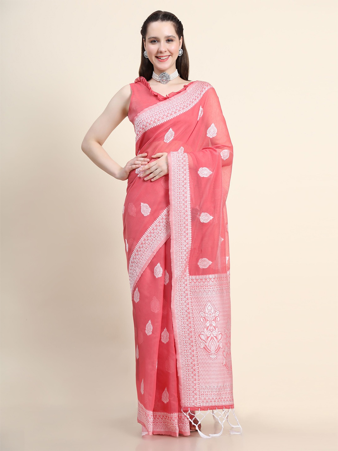 

HERE&NOW Ethnic Motifs Woven Design Zari Jacquard Cotton Silk Saree, Pink
