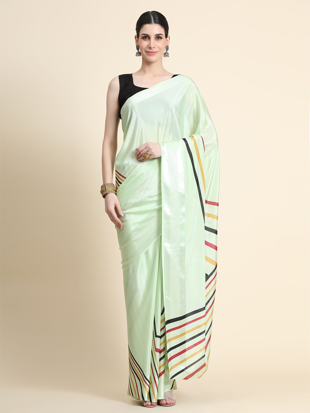 

HERE&NOW Striped Poly Chiffon Saree, Green
