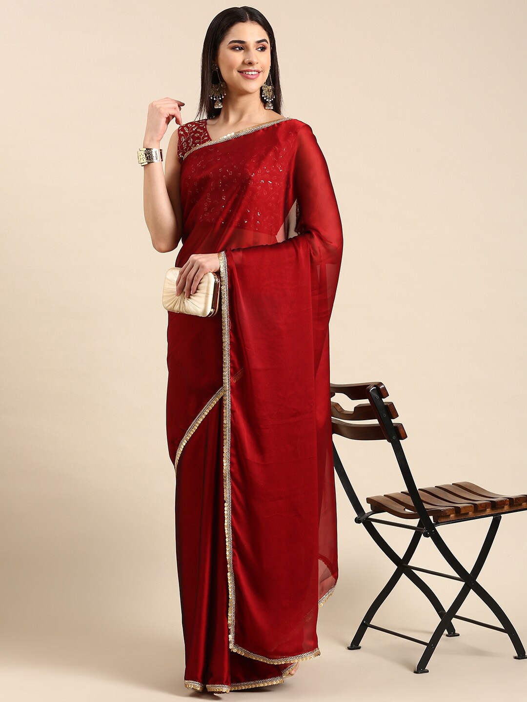 

HERE&NOW Maroon Embroidered Sequinned Pure Georgette Saree