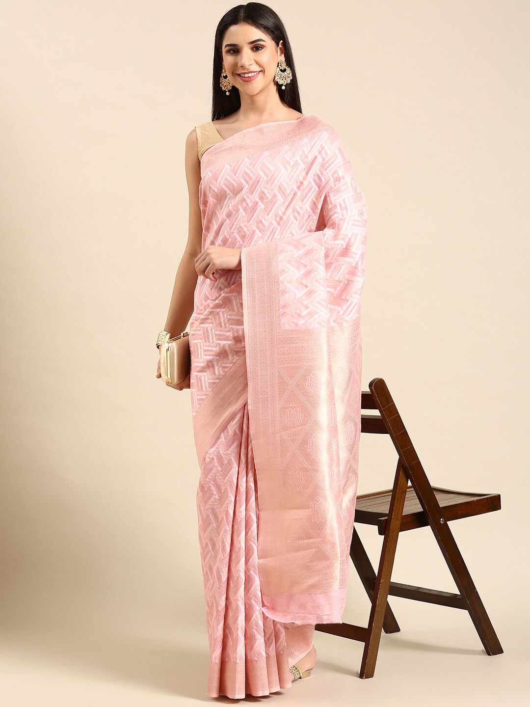 

HERE&NOW Pink & Gold-Toned Ethnic Motifs Woven Design Zari Silk Cotton Saree