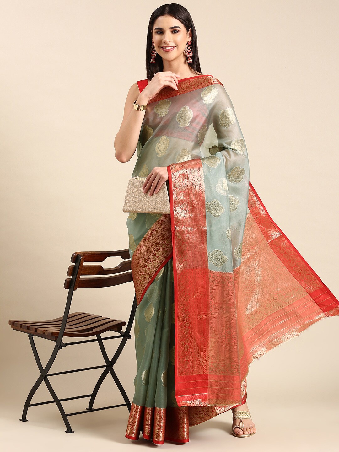 

HERE&NOW Grey & Red Ethnic Motifs Woven Design Zari Silk Cotton Saree