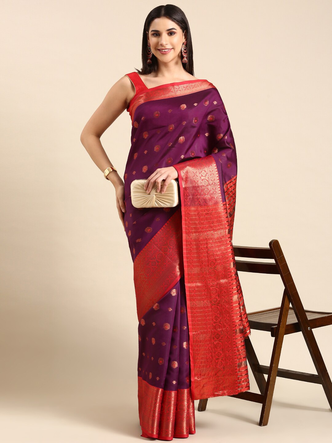 

HERE&NOW Purple & Red Ethnic Motifs Woven Design Zari Saree