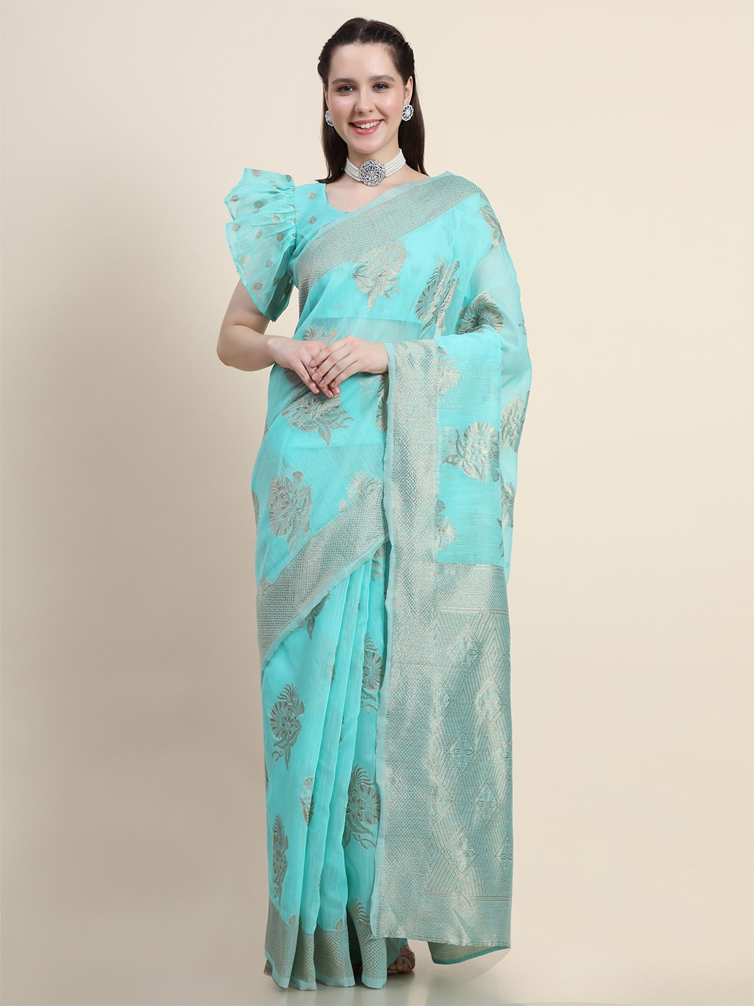 

HERE&NOW Blue & Gold-Toned Ethnic Motifs Woven Design Zari Silk Cotton Saree