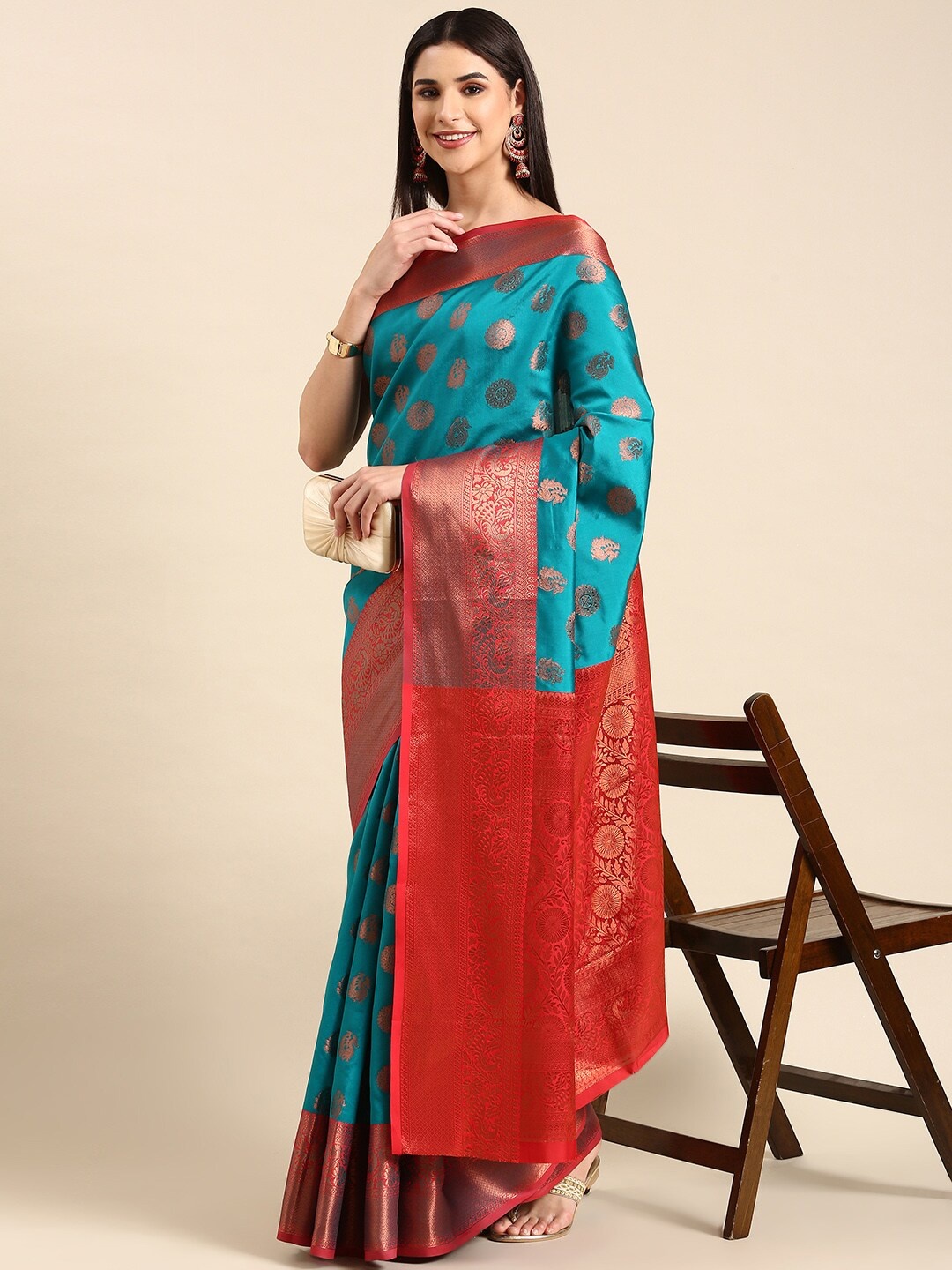 

HERE&NOW Teal Blue & Red Ethnic Motifs Woven Design Zari Silk Cotton Saree