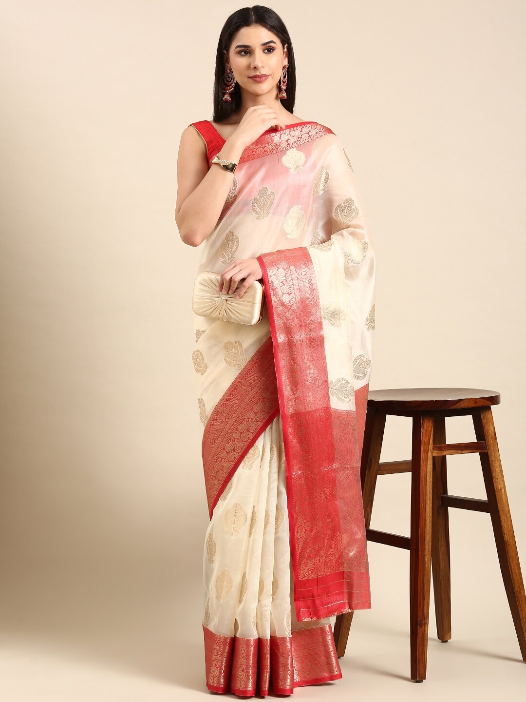 

HERE&NOW Off White & Red Ethnic Motifs Woven Design Zari Silk Cotton Saree