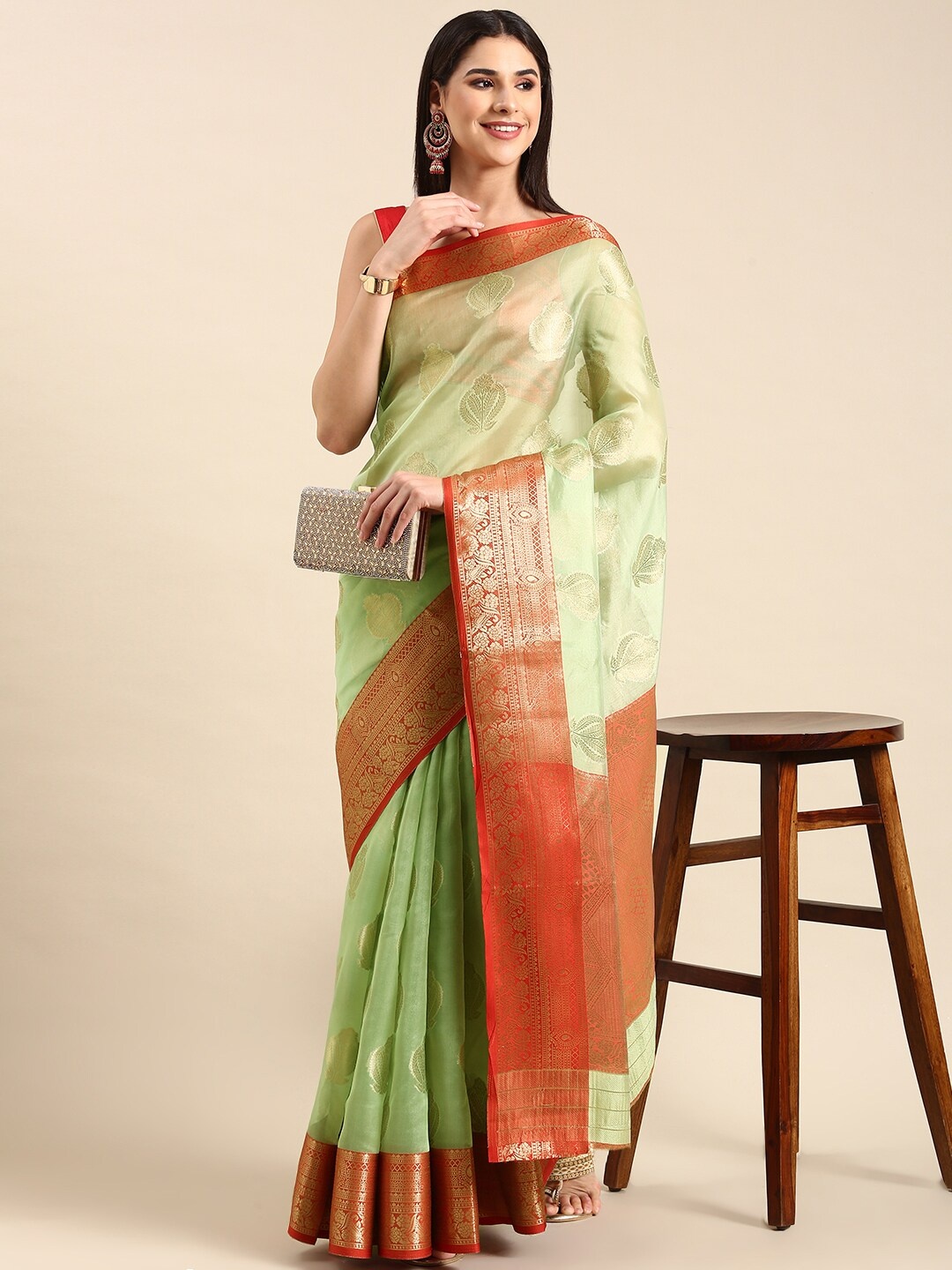 

HERE&NOW Green & Red Ethnic Motifs Woven Design Zari Silk Cotton Saree