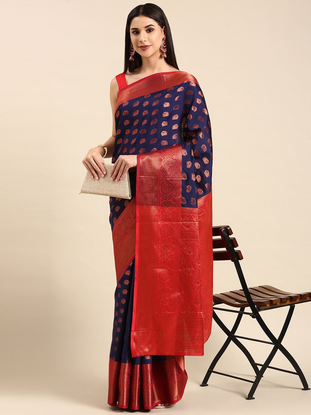

HERE&NOW Navy Blue & Red Ethnic Motifs Woven Design Zari Silk Cotton Saree