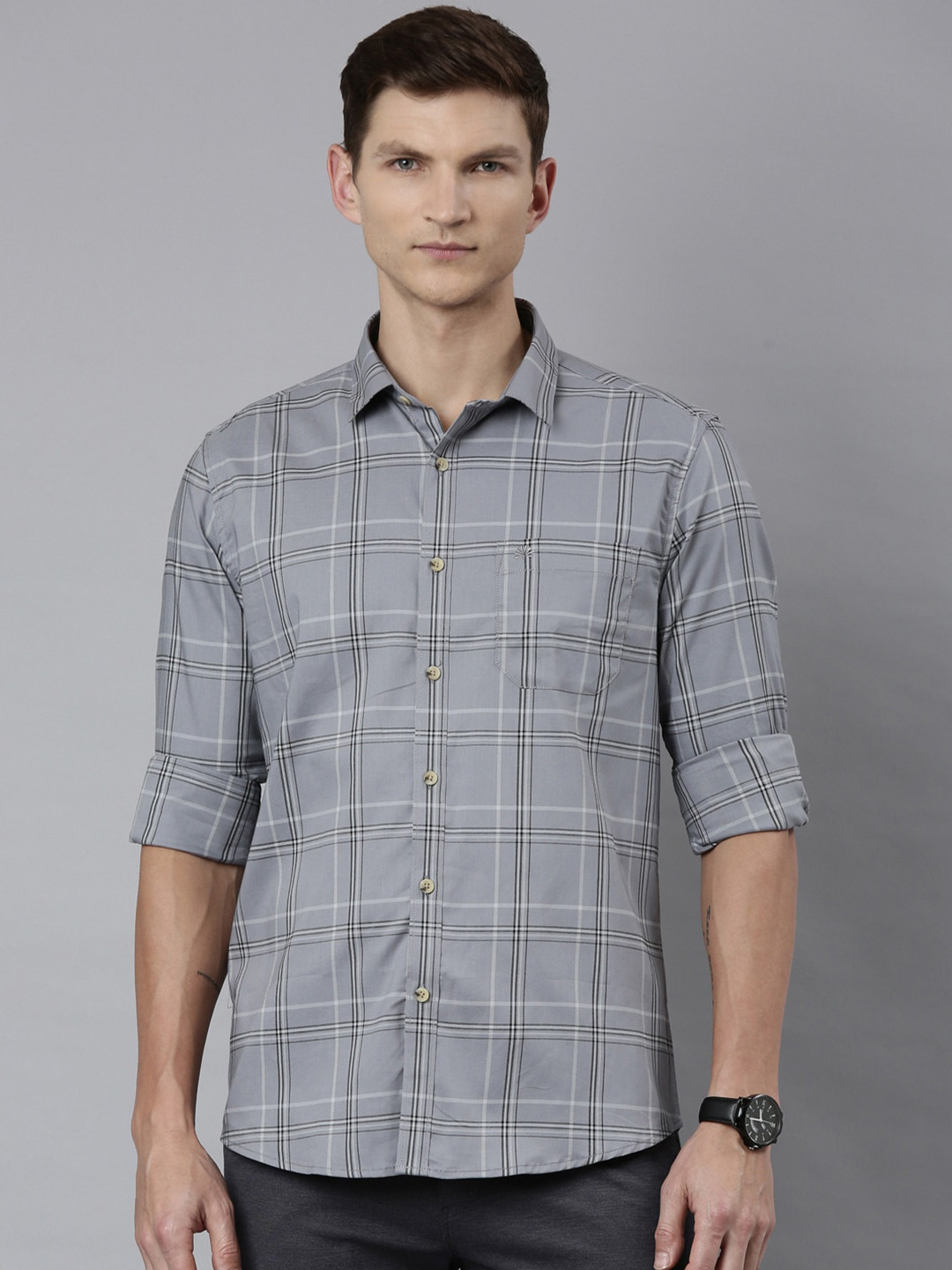 

Chennis Classic Slim Fit Tartan Checks Opaque Casual Shirt, Grey