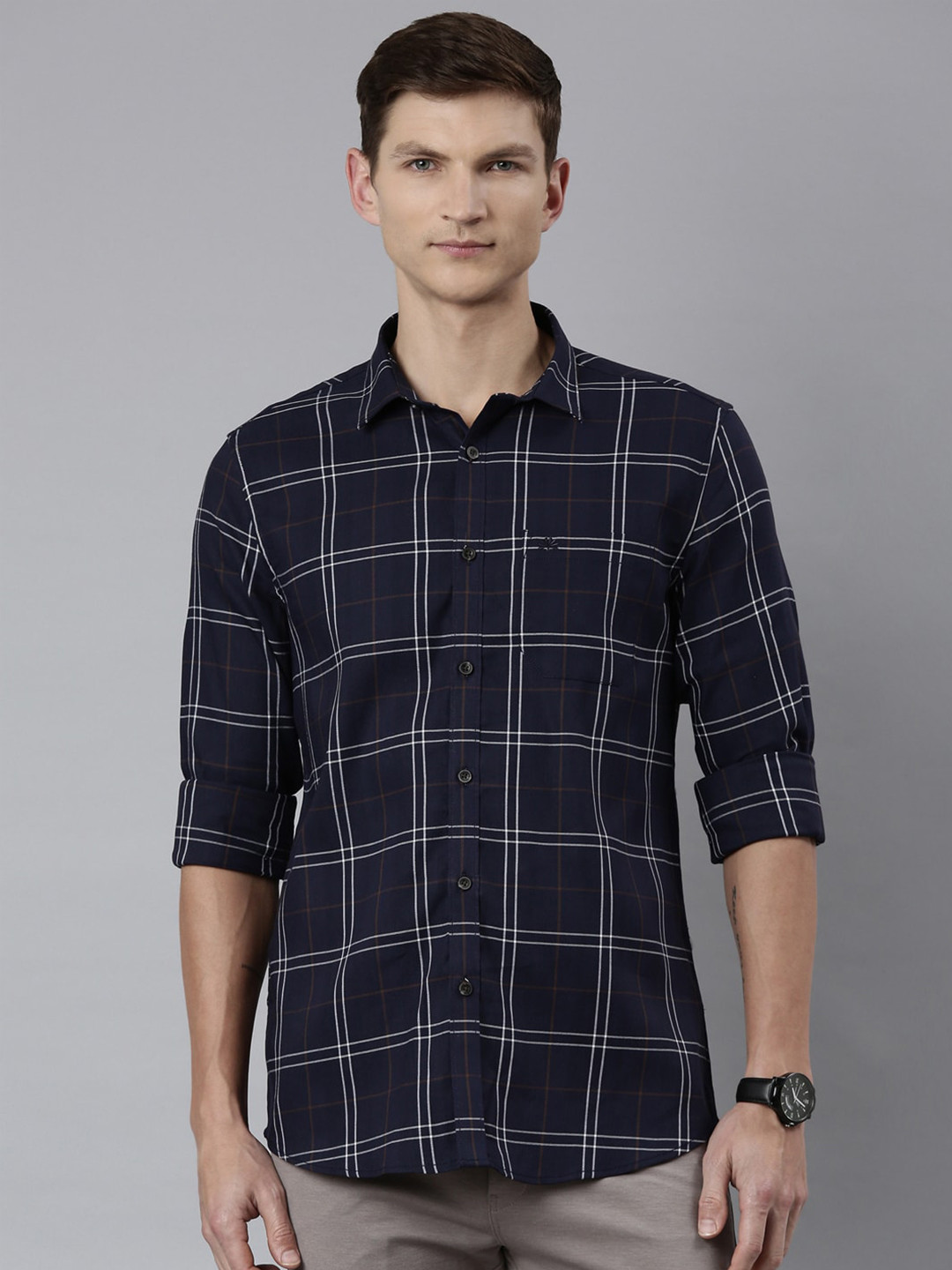 

Chennis Classic Slim Fit Tartan Checks Opaque Casual Shirt, Navy blue