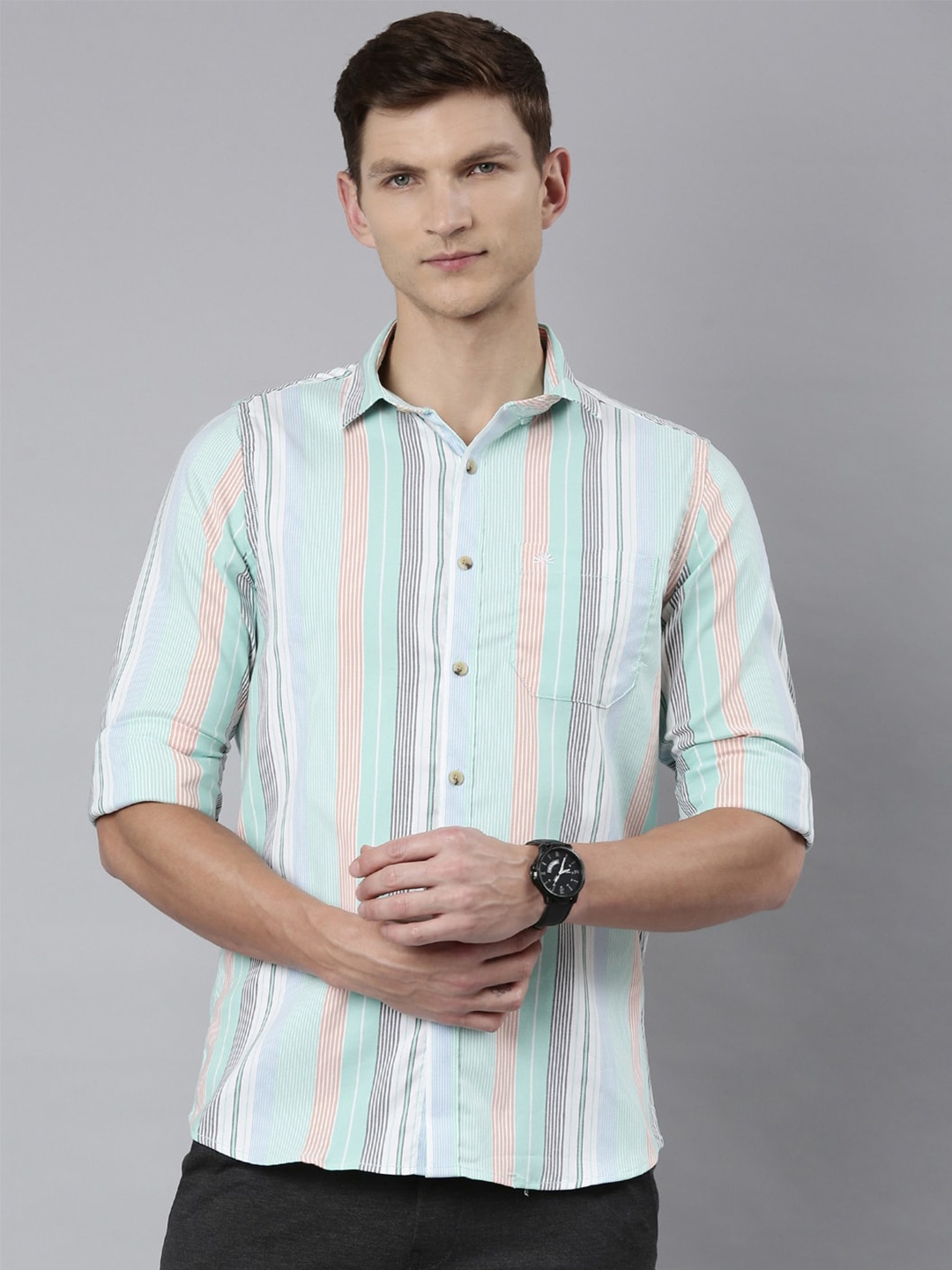

Chennis Classic Slim Fit Multi Stripes Opaque Casual Shirt, Green