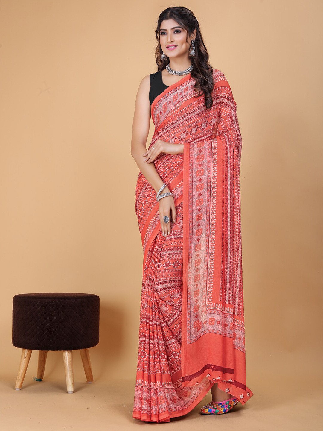 

KALINI Ethnic Motifs Printed Pure Georgette Saree, Peach